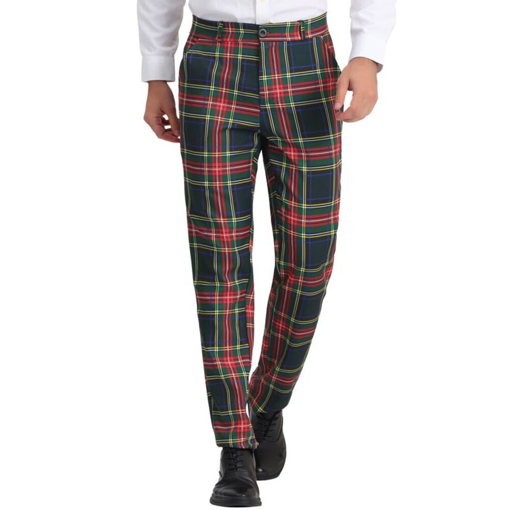 Red Navy Plaid Pants Regular Fit Flat Front Classic Elastic Waist Suit Pants